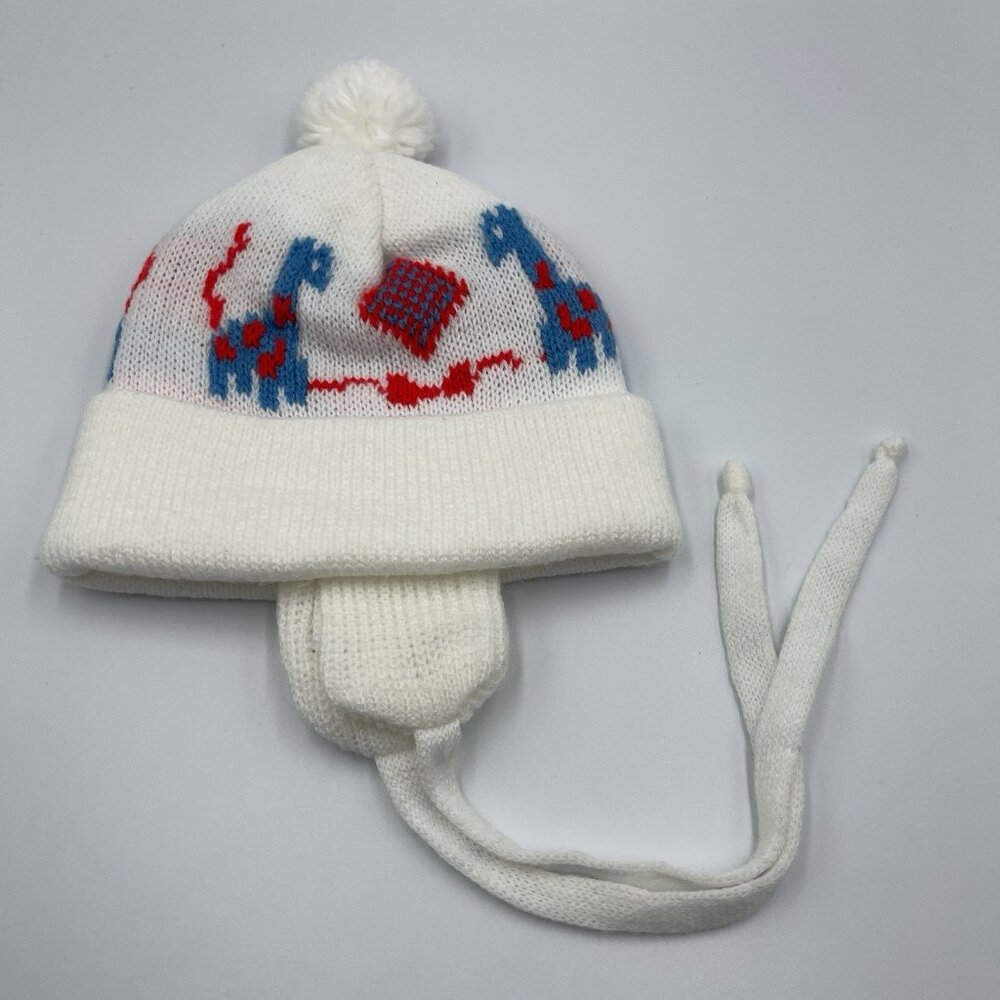 Vintage Red Blue White Giraffe Baby Winter Beanie Hat with Ear Flaps - Picture 4 of 11